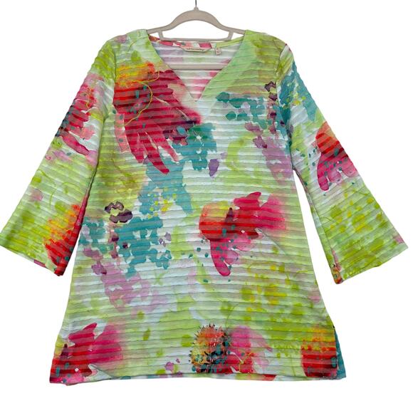 Soft Surroundings Blouse Top Size M Rainbow Floral Textured 3/4 Sleeve Stretch - Picture 1 of 11
